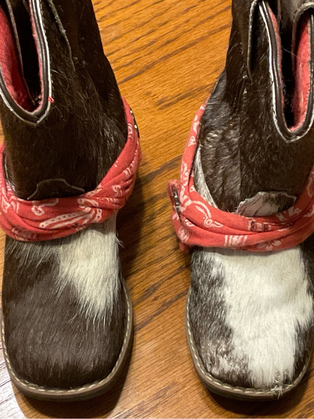 Dan Post Kids Brown and White Cowhide Boots with Red Bandana Accent